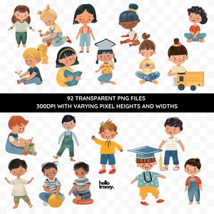 Preschool Toddler Boy Girl Classroom PNG clipart, Watercolor Graduation Boys Girls Chalkboard Toys Bunting Rainbow Moon Sun Stars Apple Books Library Bookcase Pencils Transparent PNGs clip art, Royalty Free
