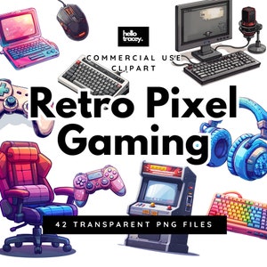 Paquete de imágenes prediseñadas de juegos de píxeles retro, imágenes prediseñadas de jugadores adolescentes para uso comercial, PNG transparentes, consola de videojuegos de arte de píxeles libres de regalías Arcade