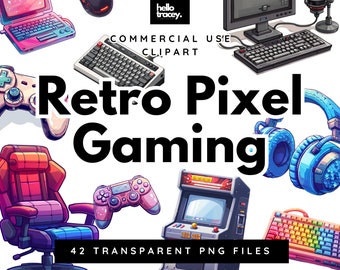 Retro Pixel Gaming Clipart Pack, Teen Gamer Clip art for commercial use, Transparent PNGs, Royalty Free Pixel Art Video Games Console Arcade