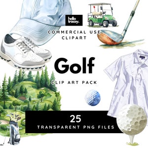 Pacchetto clipart golf, clipart acquerello per uso commerciale, PNG trasparenti, carrello da golf, scarpe buggy, cappelli, mazze, palline, PNG