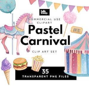 Pastel aquarel carnaval PNG-clipart, carrouselpaard, tent, eten, roze, paars, thema circusfeest, transparante png-bestanden