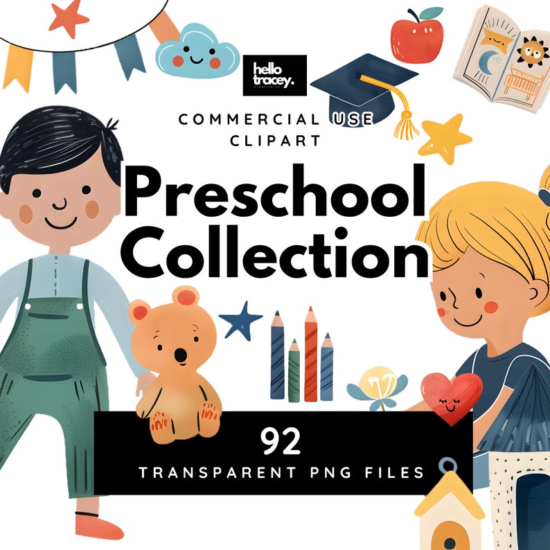 Preschool Toddler Boy Girl Classroom PNG clipart, Watercolor Graduation Boys Girls Chalkboard Toys Bunting Rainbow Moon Sun Stars Apple Books Library Bookcase Pencils Transparent PNGs clip art, Royalty Free
