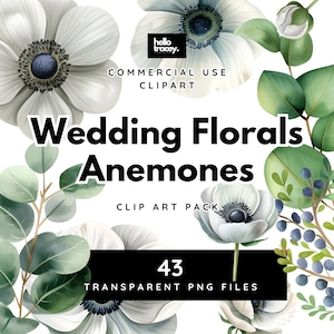 Anemoon bruiloft bloemen clipartpakket, illustraties voor commercieel gebruik, transparante png's, Royalty-vrije witte anemonen bloemen bloemen