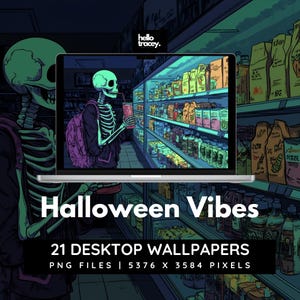 以下が含まれることがあります： コンビニエンスストアで飲み物を手にしたスケルトンのデジタルイラスト。画像は、画面下に「Halloween Vibes」と「21 Desktop Wallpapers」のテキストが表示されたラップトップの画面上にあります。