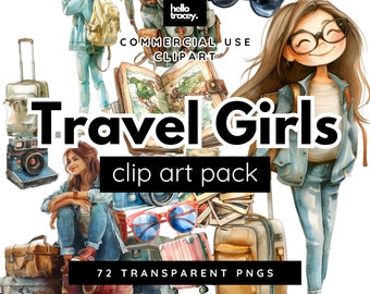 Travel Girl with a suitcase Clipart PNG, Tourist Woman Camera Clip art for commercial use, Transparent PNGs, Digital Vacation Girls