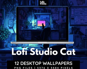 Lofi Studio Study Room Black Cat Desktop Wallpapers | aesthetic manga style neon cosy wallpaper gaming streaming youtube background images