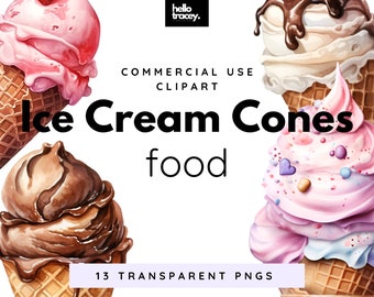 Icecream Watercolor PNG clipart, Ice cream cone Transparent PNGs clip art, Royalty Free, Digital stickers