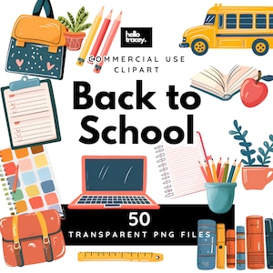 Terug naar schoolbenodigdheden png-clipart, aquarel schooltas potloden bus laptop boek transparante png-afbeeldingen illustraties, Royalty-vrij, digitale stickers