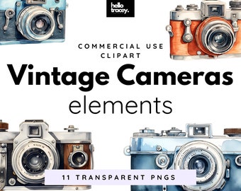 May include: A set of 11 vintage camera illustrations in watercolour style. The cameras are in various colours, including blue, red, brown, and silver. The illustrations are perfect for scrapbooking, card making, and other creative projects.