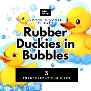 May include: Three yellow rubber duckies in blue bubbles. The duckies have black eyes and beaks. The text "Rubber Duckies in Bubbles" is written in black letters on a white background. The text "3 Transparent PNG Files" is written in white letters on a black background.