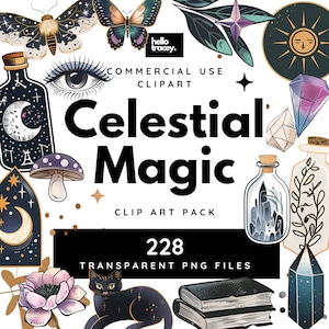 May include: A collection of celestial-themed clip art elements, including butterflies, a crescent moon, crystals, a black cat, and bottles. The text "Celestial Magic" is prominently displayed, along with "228 Transparent PNG Files."