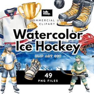 Ice Hockey Clipart Pack, Watercolor Clip art commercial use, Transparent PNGs, Ice Rink Winter Sports Skates Trophy Skating Helmet Puck PNG