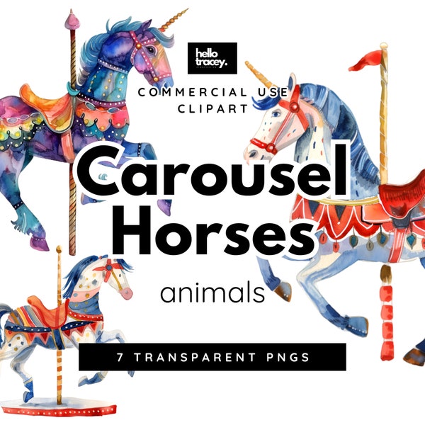 Carousel Horse Clipart Pack, Watercolor Clip art for person or commercial use, Transparent PNGs, Royalty Free Carousel Ride Horses PNG