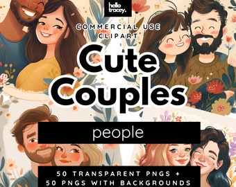Cute Couples Clipart Pack, Illustration Watercolor Cartoon People Clip art for commercial use, Transparent PNGs, Young happy couple