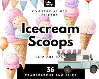 Icecream Cone Scoops Clipart Pack, Watercolor Clip art, commercial use, Transparent PNGs, Ice Cream Truck Sprinkles Seamless Background PNG