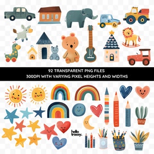 Preschool Toddler Boy Girl Classroom PNG clipart, Watercolor Graduation Boys Girls Chalkboard Toys Bunting Rainbow Moon Sun Stars Apple Books Library Bookcase Pencils Transparent PNGs clip art, Royalty Free