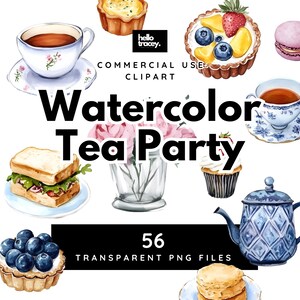 Puede incluir: Ilustraciones de acuarela de una fiesta de té con 56 archivos PNG transparentes. Las ilustraciones incluyen una tetera, tazas de té, cupcakes, un sándwich, un jarrón de flores y un plato de arándanos.