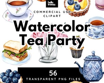 Watercolor High Tea Party Clipart Pack, Watercolor Clip art for personal or commercial use, Transparent PNGs, teapot teacup cake dessert PNG