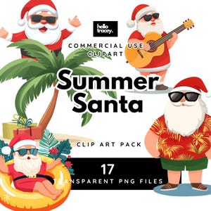 Verão Papai Noel Natal PNG clipart, Natal australiano Papai Noel Praia Palmeiras Ukelele Natação Feliz Fofo Transparente PNGs clip art