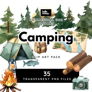 Pack de cliparts de camping, clipart aquarelle, usage commercial, PNG transparents, camp en plein air arbres tente feu boussole carte caméra lanterne PNG