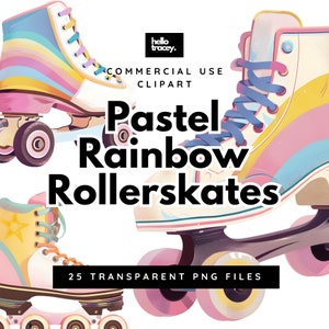 Pastel Rainbow Rollerskate Clipart Pack, Rollerskate Rollerblade Clip art for commercial use, Transparent PNGs, Royalty Free Skates