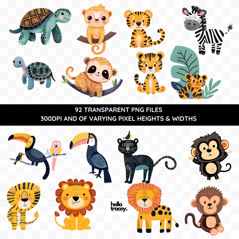 Cute Jungle Animals Clipart PNG Pack, Safari Animal Clip Art for ...