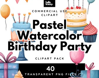 Sweet Pastel Birthday Party PNG clipart, Watercolor Party Cakes Cupcakes Balloons Bunting Transparent PNGs clip art