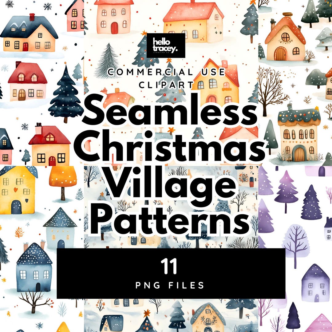 Watercolor Christmas Village Houses & Trees, Digital Seamless Pattern ...