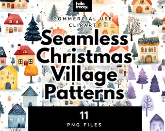 Watercolor Christmas Village Houses & Trees, Digital Seamless Pattern PNG, Xmas Tree, Winter,  Repeating PNG paper patterns, Commercial Use