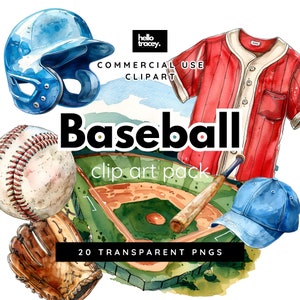 Baseball Clipart Pack, Clipart akwarelowy do użytku osobistego lub komercyjnego, Przezroczyste PNG, baseballowy kij baseballowy kapelusz mundur rękawica diament PNG