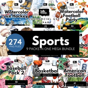 Sports MEGA BUNDLE Clipart Pack, 274 Sport Themed PNG files, Clip art for commercial use | Baseball, Basketball, Golf, Football, Ice Hockey