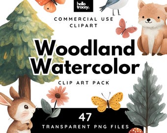 Woodland Watercolor Clipart PNG Pack, Forest Animal Trees Fox Butterflies Bear Rabbit Mushroom Clip art for commercial use, Transparent PNGs