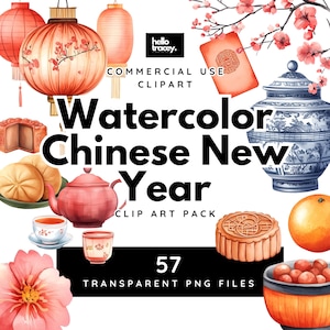 Aquarell chinesisches Neujahr PNG Clipart, Laterne Kirschblüten, Tee-Set, chinesischer Tee, Mondkuchen, Bao, Ung Pau, transparente PNG Clip Art