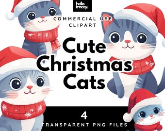 Cute Christmas Cats PNG clipart, Xmas Cat Kitten Kawaii Happy Cute Transparent PNGs clip art