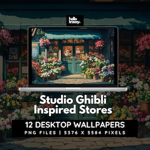 May include: A laptop displays a Studio Ghibli-inspired floral shop scene. The screen shows a teal door and window frames surrounded by potted flowers. Below, text reads "Studio Ghibli Inspired Stores" and "12 DESKTOP WALLPAPERS".