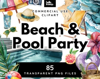 Beach & Pool Party Summer Clipart Pack, Watercolor Clip art for personal or commercial use, Transparent PNGs, Swimming Pools Clip Art PNG