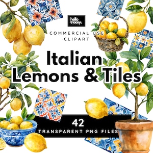 Clipart PNG aquarelle de carreaux italiens et méditerranéens, panier de citron arbre bol PNGs transparents clipart
