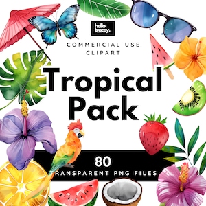 Tropical Elements Clipart Pack, Summer Flowers Birds Fruit Leaves Clip art for commercial use, Transparent PNGs, Royalty Free Tropicals