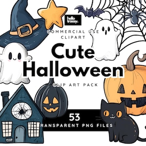 Cute Halloween Clipart, Pumpkins Ghosts Spiderwebs Black Cat Stars Moon Bat Spider Fall PNG Clip art for commercial use, Transparent PNGs