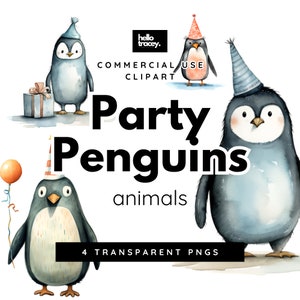 Paquete de imágenes prediseñadas de pingüinos de fiesta, imágenes prediseñadas para uso comercial, PNG transparentes, PNG de pingüino de fiesta de cumpleaños lindo libre de regalías