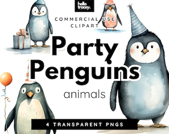 Party Penguins Clipart Pack, Clip art for commercial use, Transparent PNGs, Royalty Free Cute Birthday Party Penguin PNG