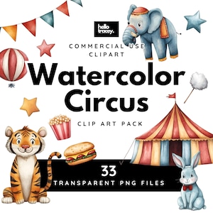 Watercolor Circus PNG clipart PACK TWO, Circus Theme, Elephant, Tiger, Tents, Food, Flags, Balloons, Transparent clip art, Commercial use