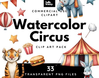 Watercolor Circus PNG clipart PACK TWO, Circus Theme, Elephant, Tiger, Tents, Food, Flags, Balloons, Transparent clip art, Commercial use