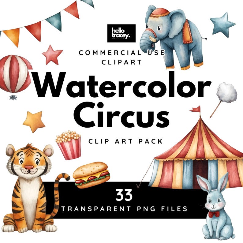 Watercolor Circus PNG Clipart PACK TWO, Circus Theme, Elephant, Tiger ...
