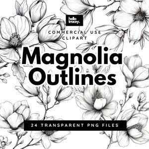 Magnolia Flower Outlines Clipart Pack, Magnolia Floral Clip Art voor commercieel gebruik, transparante png's, Royalty Line Art Flowers