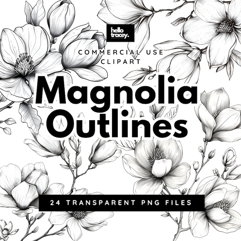 Magnolia Flower Outlines Clipart Pack, Magnolia Floral Clip art for commercial use, Transparent PNGs, Royalty Line Art Flowers, Black and white flower art, tattoo style