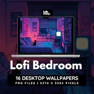 Peut inclure: Une illustration numérique d'une chambre à coucher avec un lit, un chat, une télévision et des étagères. La chambre est décorée dans un style rétro avec un éclairage rose et bleu néon. Le texte "Lofi Bedroom" et "16 Desktop Wallpapers" est affiché à l'écran.