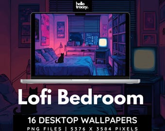 Fondos de pantalla de escritorio para dormitorio Lofi / Fondo de pantalla acogedor con gato negro neón de estilo manga estético para transmisión de juegos y YouTube