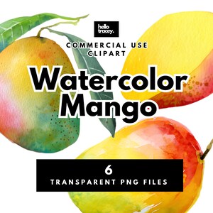 May include: Watercolor illustration of mangoes in shades of yellow, orange, and red, with green leaves. The image includes the text "Watercolor Mango" and "Commercial Use Clipart". The image also includes the text "6 Transparent PNG Files".