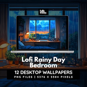 Puede incluir: Una ilustración digital de un dormitorio con una ventana que da a una ciudad lluviosa. La habitación está decorada con un estilo lofi con plantas, libros y un portátil. El texto "Lofi Rainy Day Bedroom" y "12 Desktop Wallpapers" se muestra debajo de la imagen.